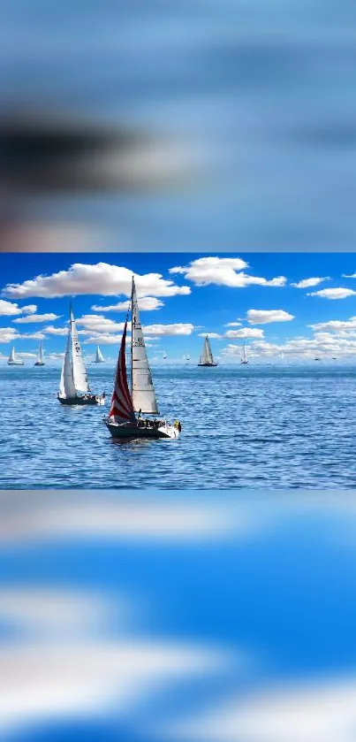 Sailboats sailing on a blue ocean under a cloudy sky.