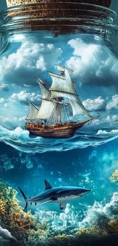 A ship and shark inside a glass jar creating a surreal ocean scene.
