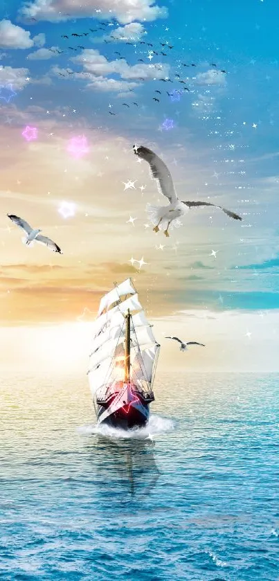 Sailing ship wallpaper with seagulls over ocean and vibrant sky.