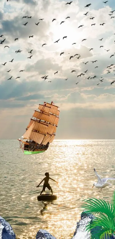 Sailing ship on ocean at sunset with birds flying overhead.