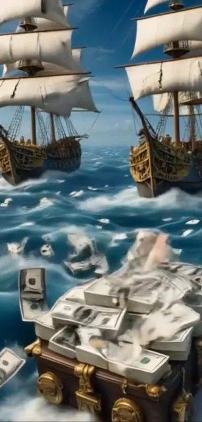 Ships sailing on ocean with floating treasure chest.