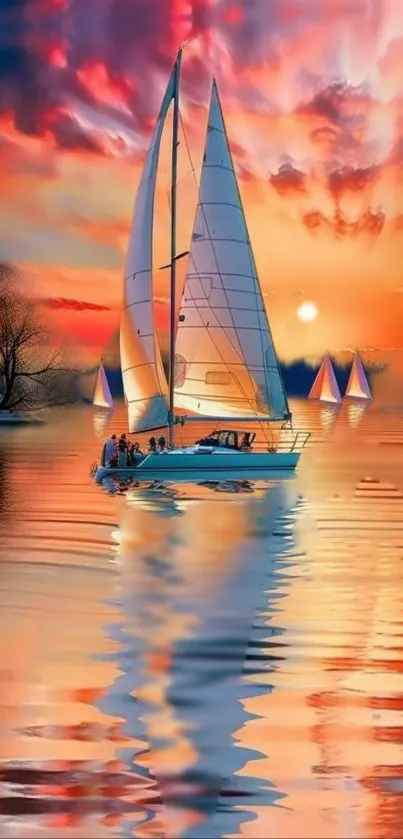 Sailing yacht on reflective water at sunset with colorful sky.