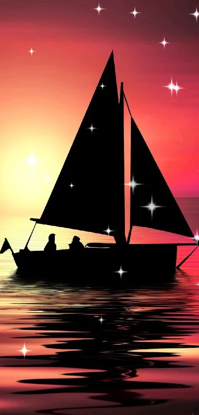 Mobile wallpaper of a sailboat silhouetted against a vibrant pink sunset.