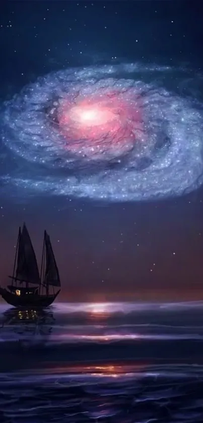 A sailboat under a swirling galaxy in the night sky.