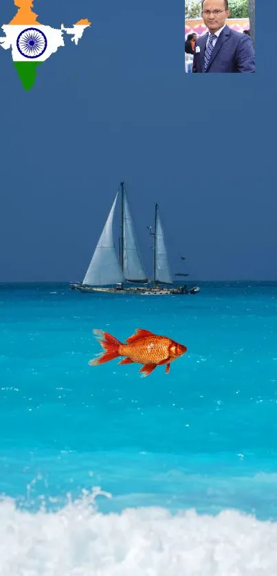 Sailing boat and goldfish against vibrant blue sea background.