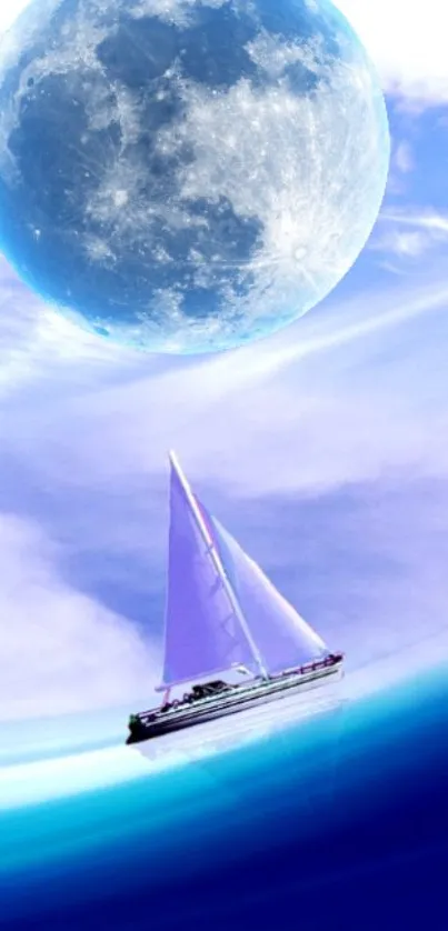 Sailing boat with blue moon above calm ocean waves.