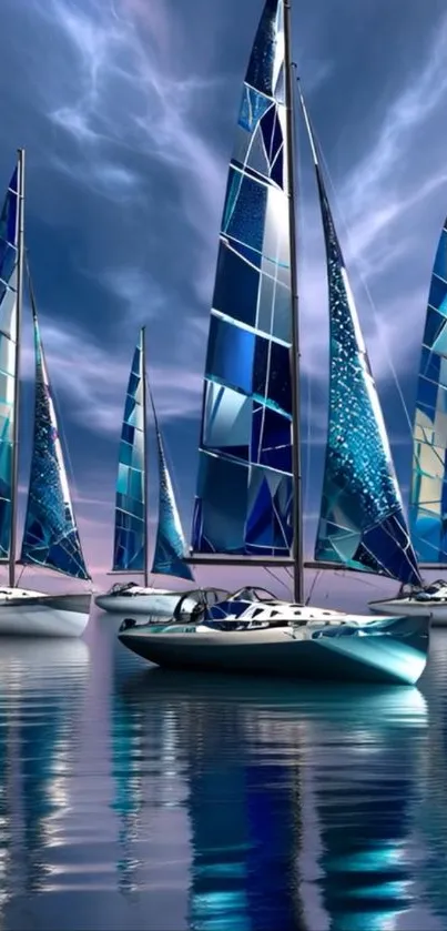 Sailing boats against a sunset on calm water with reflections.