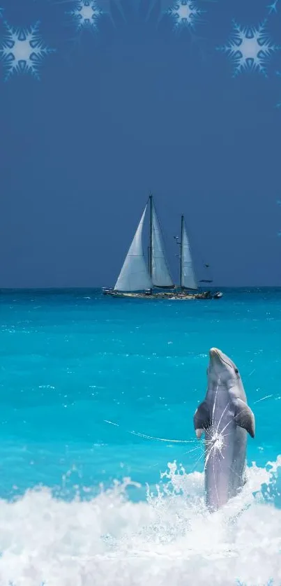 Dolphin jumping with sailboat and snowflakes on ocean background.