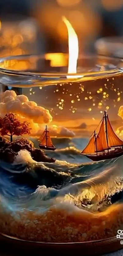 Candle art featuring sailing ships on ocean waves.