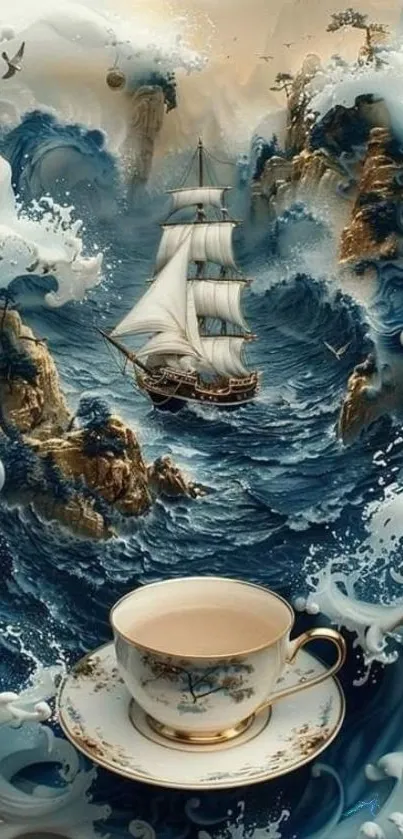 Fantasy sailing ship on ocean waves with a teacup motif.