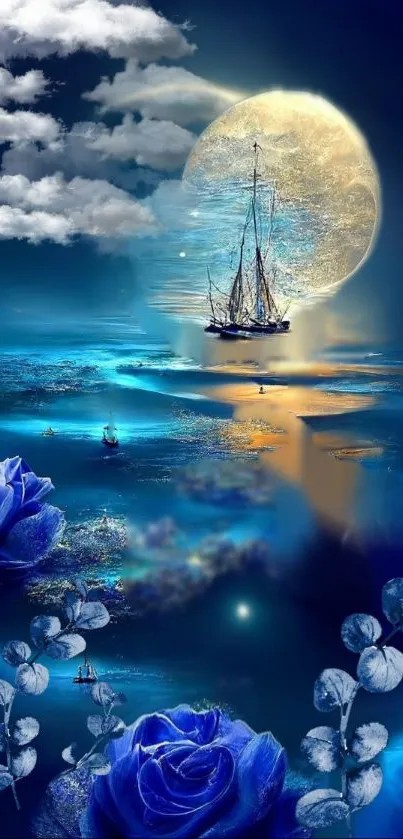 Mystical night with moonlit ocean and blue roses wallpaper.