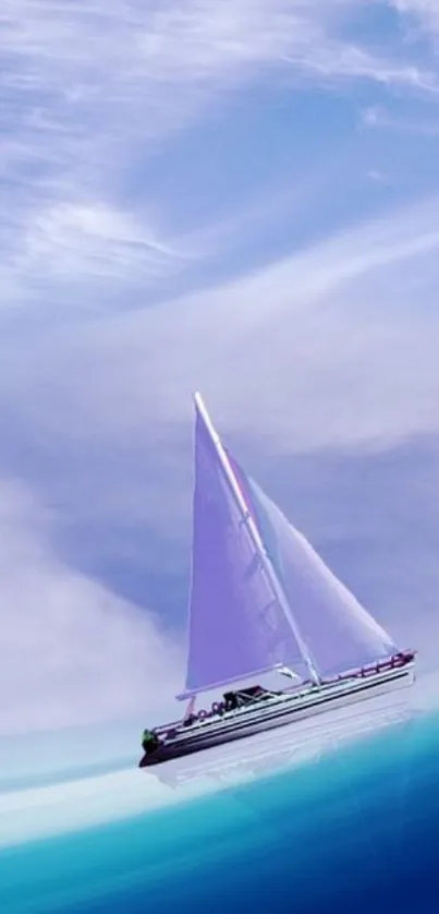 Sailboat gliding on a calm blue ocean under a clear sky.