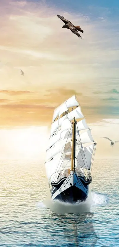 Sailing ship on ocean at sunset with seagulls.