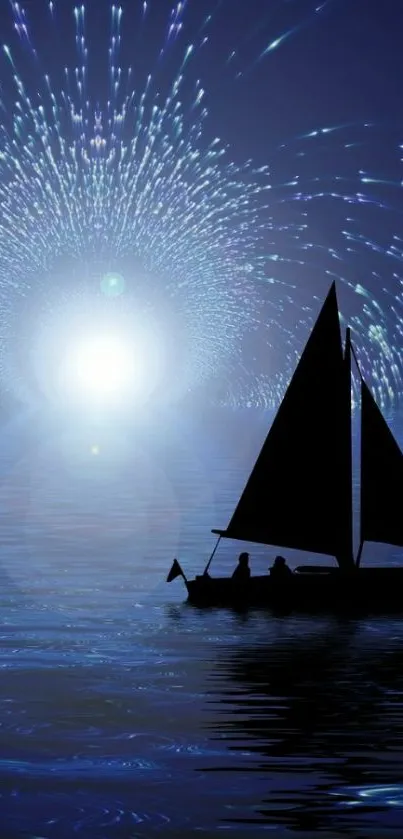 Sailboat silhouette under fireworks in night sky.