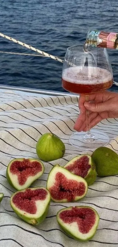 Nautical scene with figs and wine on a yacht for a relaxing vibe.