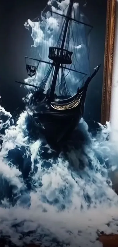 3D ship breaking waves illusion with a framed background.