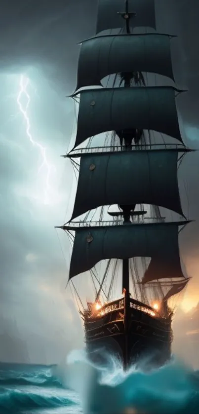 Sailing ship on stormy sea with lightning and dramatic clouds.