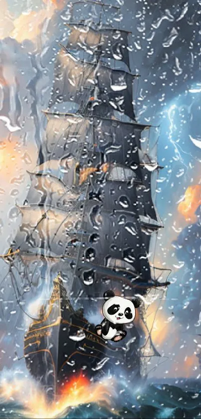 Sailing ship with panda mascot in stormy seas, vibrant and dynamic.