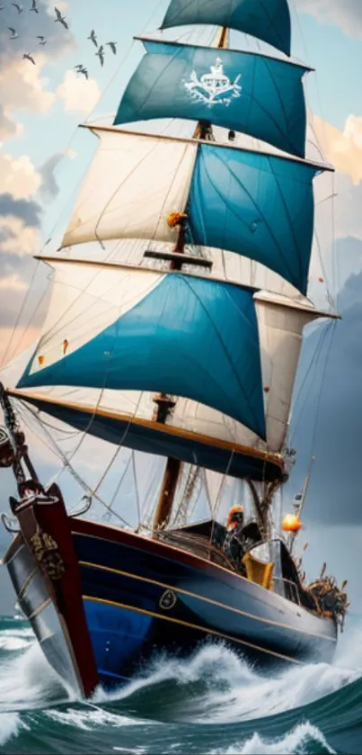 Elegant sailing ship cruising through vibrant ocean waves under a dynamic sky.