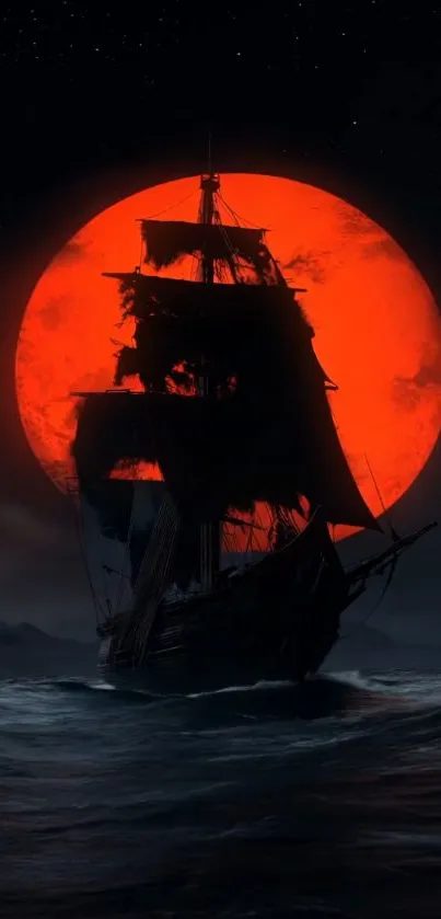 Silhouette of a ship against a red moon over dark ocean waters.
