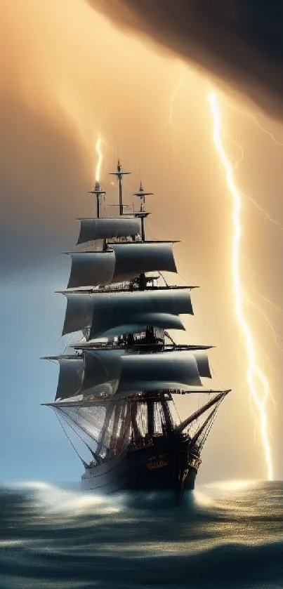 Majestic sailing ship against lightning in a stormy ocean scene.