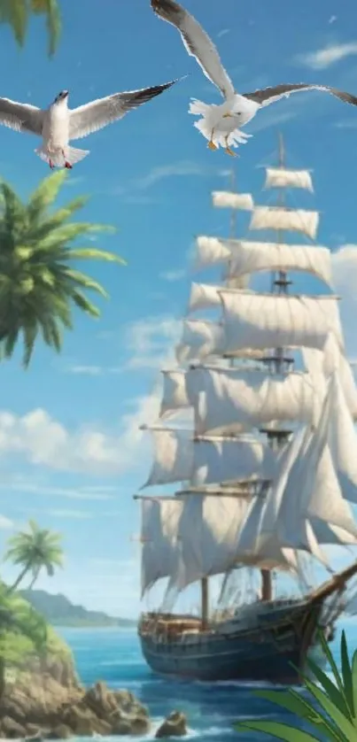Majestic sailing ship in a tropical paradise with seagulls flying overhead.