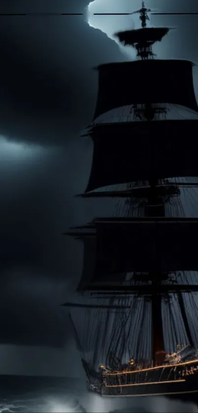 Majestic sailing ship on a stormy night ocean.