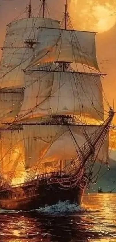 Sailing ship gliding across the ocean at sunset.