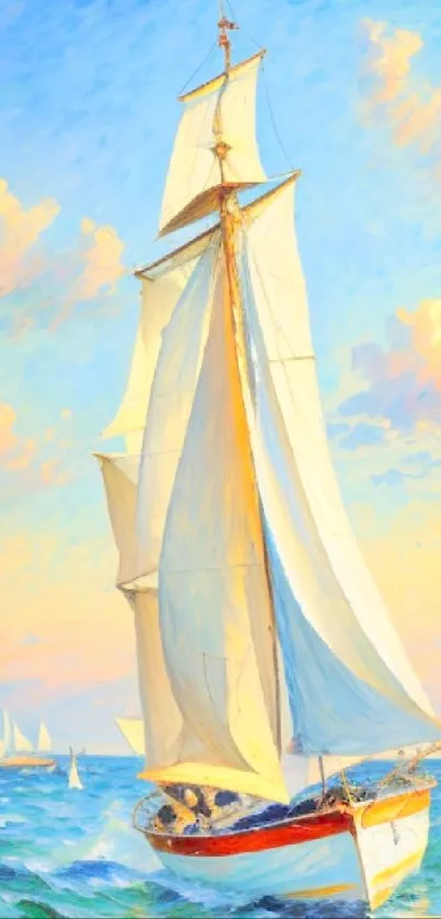 Sailing ship illuminated by sunset on the ocean, vibrant colors and artistic style.