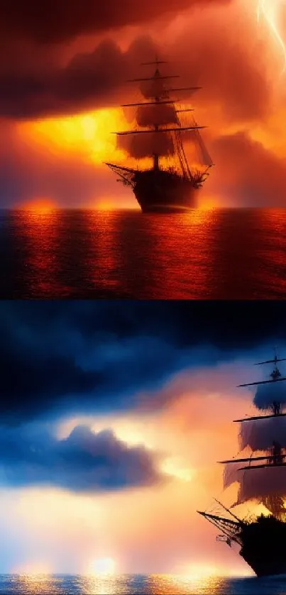 Majestic ship silhouetted against orange sunset and dark stormy sky.