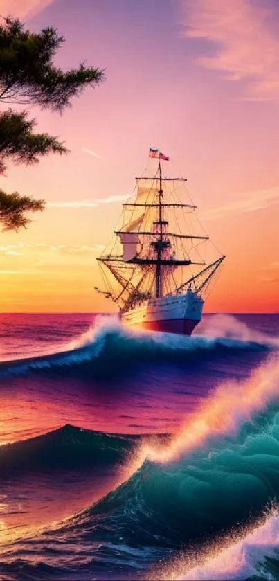 Sailing ship on ocean waves at vibrant sunset.