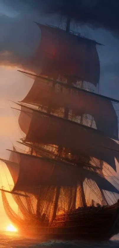 Majestic sailing ship at sunset on the ocea.