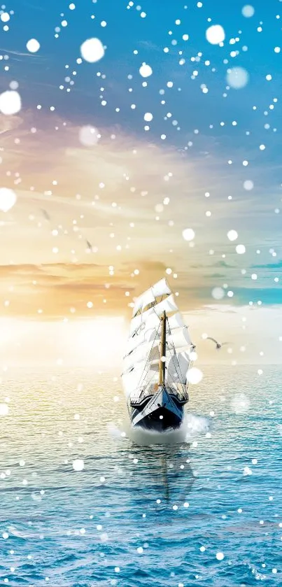 Sailing ship under a sunset sky with snow-like particles.