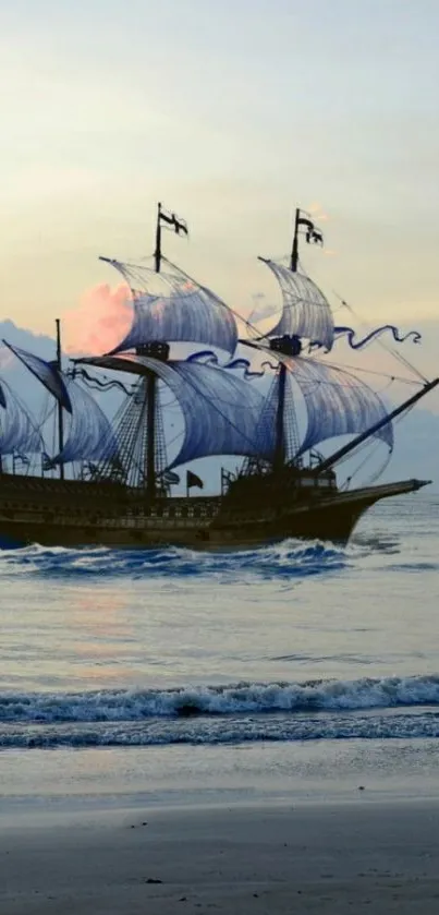 Sailing ship on serene ocean at sunset.