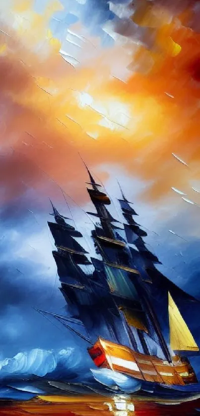 A vibrant mobile wallpaper featuring a sailing ship at sunset with dramatic skies.