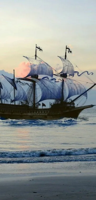 Majestic sailing ship silhouetted at sunset on calm ocean waves.