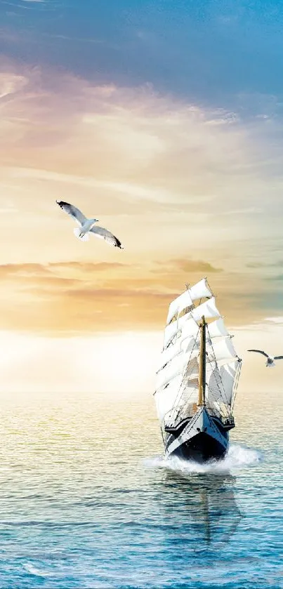 Sailing ship and seagulls at sunset over the ocean.