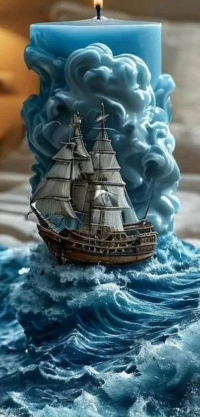Blue candle with sailing ship design on ocean waves.