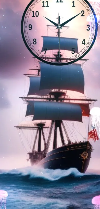 Majestic sailing ship with clock and jellyfish against an ocean backdrop.