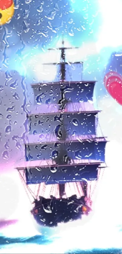 Dreamy mobile wallpaper featuring a sailing ship with heart emojis.