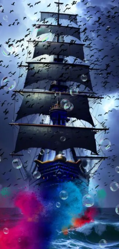 Majestic sailing ship with ocean waves and colorful mist in dynamic wallpaper scene.