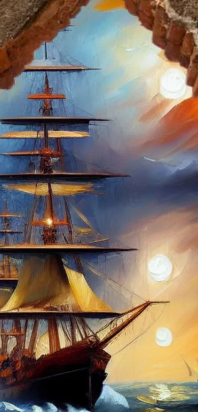 Majestic sailing ship sails under a fantasy sunset sky framed by a brick arch.