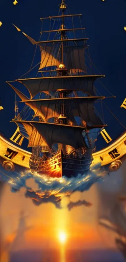 Majestic sailing ship with golden clock face on mobile wallpaper.