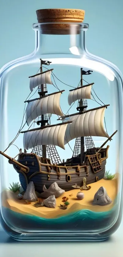 Intricate ship in a glass bottle against a light blue background.