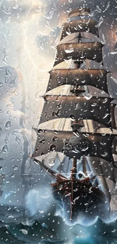 A sailing ship braves a stormy sea with raindrops on the screen.