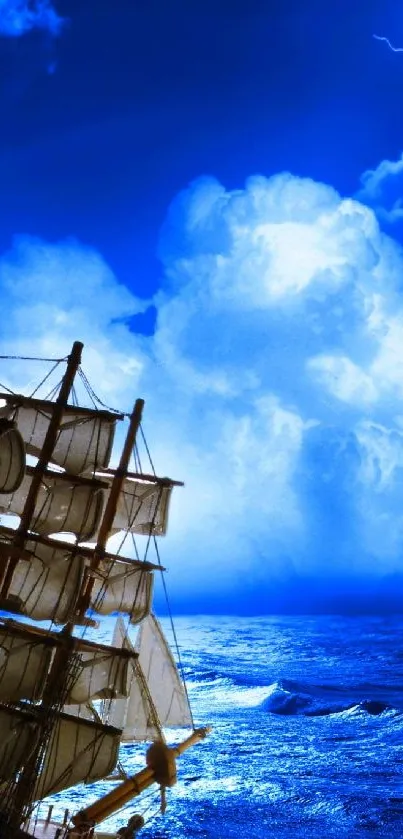 Majestic sailing ship on vibrant blue ocean under dramatic clouds.