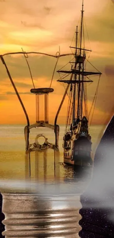 Sailing ship inside a light bulb with a sunset backdrop.