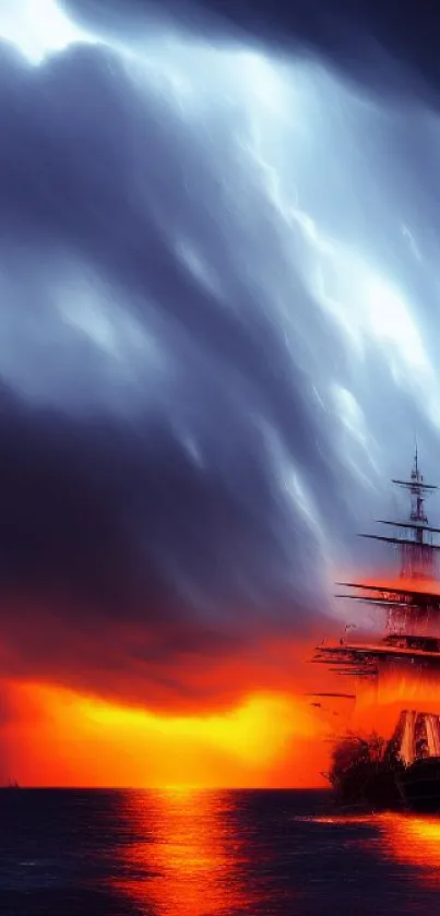 Sailing ship in fiery sunset with dramatic stormy sky.