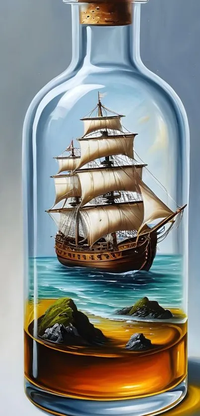 Sailing ship encased in a glass bottle against a sky blue background.