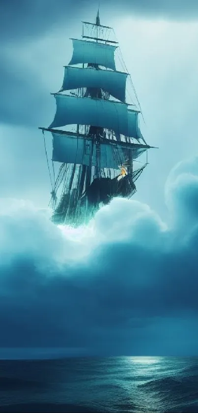 Sailing ship navigating through clouds over a calm ocean, exuding serenity and adventure.